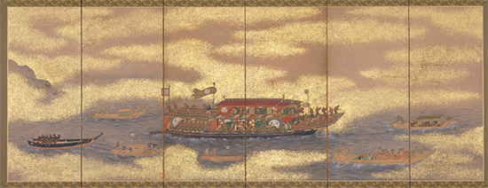 Six-panel screen depicting a boat carrying Korean envoys to Japan; Edo period; six-panel folding screen