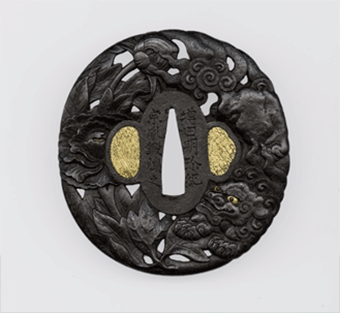 Sukashi Tsuba with the motifs of Lion-dog and Peonies