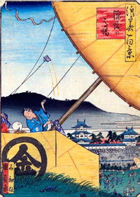 凧あげを楽しむ人々『浪花百景』より錦城の馬場